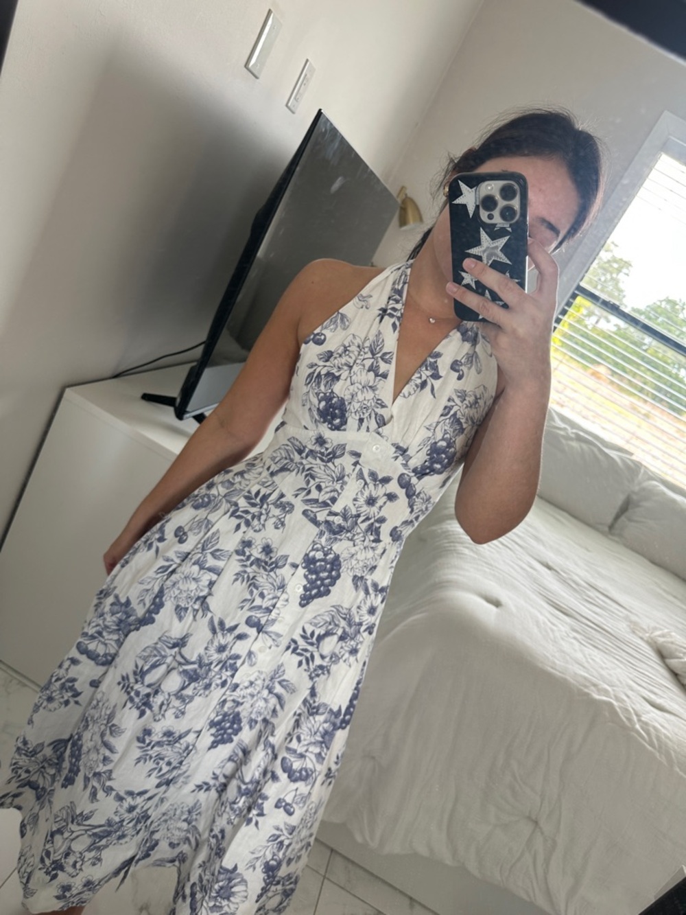 Reformation White Halter Midi Dress with Blue Botanical Print